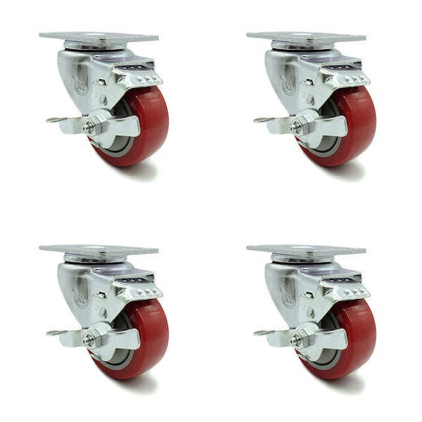 3 Inch Red Polyurethane Wheel Swivel Top Plate Caster Set with Brake SCC